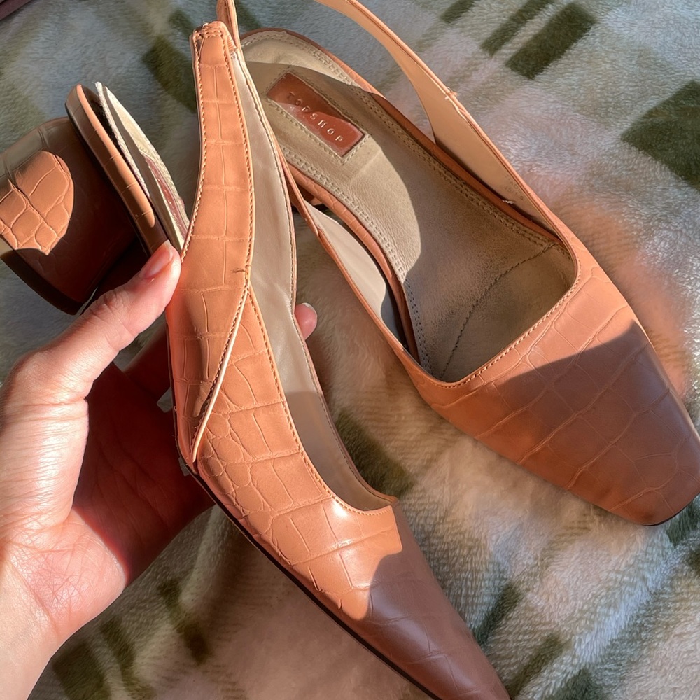 Topshop peach croc sling back round heel